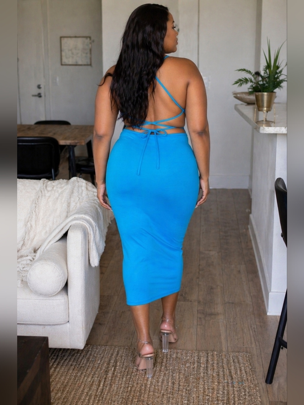 Blue Crisscross Back Bodycon Midi Dress | Curve Hugging Chic - Picture 2 of 4
